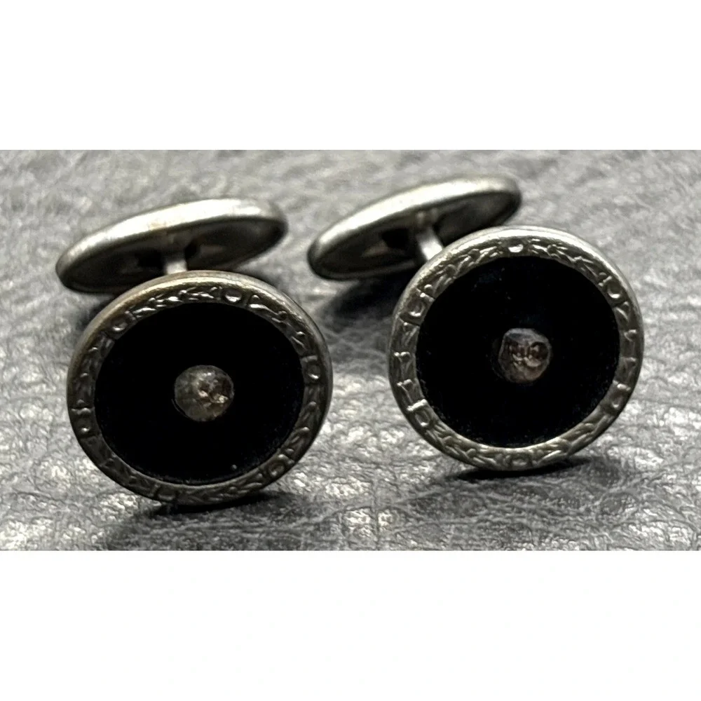 Vintage Art Deco Rhinestone Crystal Enamel Decorative Cufflinks Silver Tone